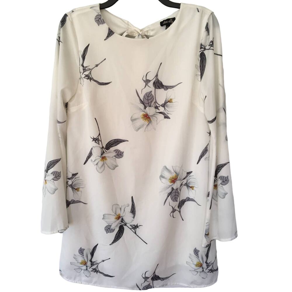 Dee Elly Small Ivory Floral Mini Dress Long Bell Sleeves Tie at Back Collar